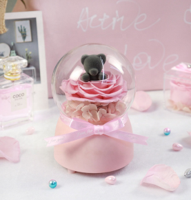 Little Bunny Pink Preserved Rose Music Box Forever Flowers Gift for Valentine's Day Birthday